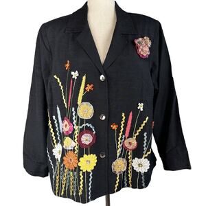 Indigo Moon Womens Vintage Blazer Jacket 1X Plus Black Floral Ribbon Applique